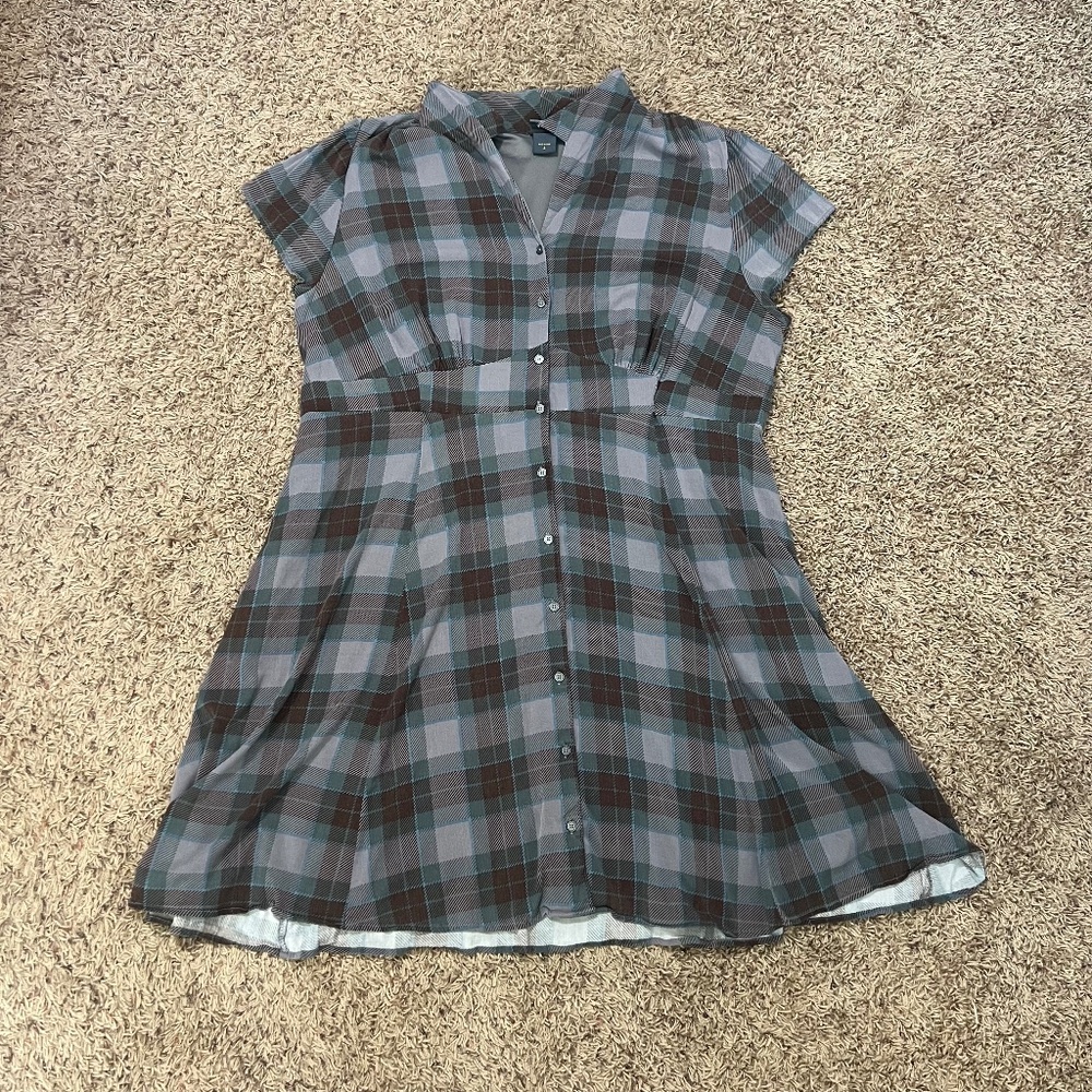 Outlander Plaid Button Front Dress Rayon Blend Blue Brown Size 4 Fit & Flare